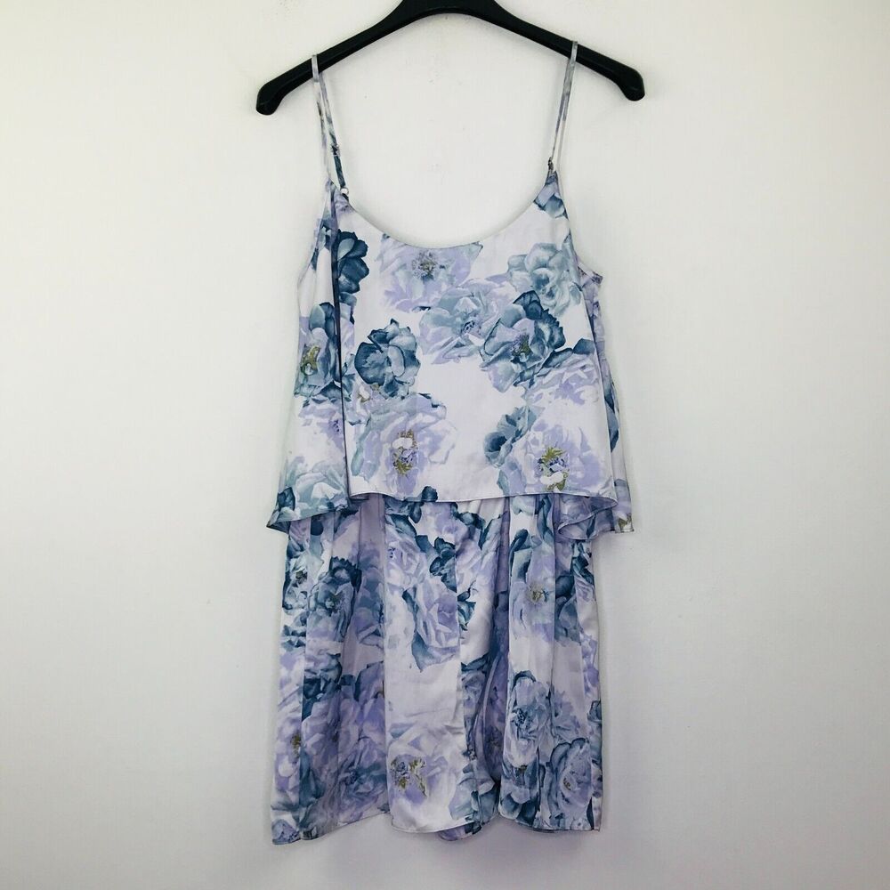BCBGeneration Women's Small Romper Blue Floral Satin Sleeveless Flounce Top BK15